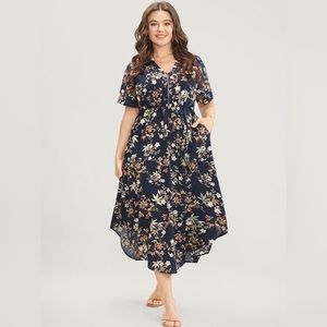 Size 28 5x BloomChic Floral Ruffles Half Zipper Pocket Arc Hem Dress